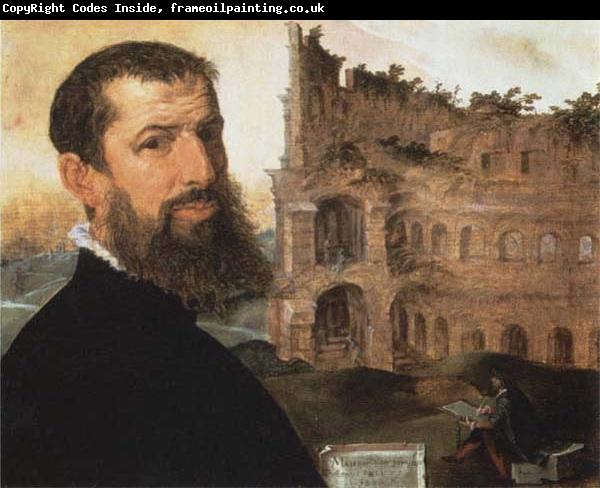 Maerten van heemskerck Self-Portrait of the Painter with the Colosseum in the Background